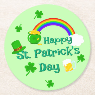 St. Patrick's Day Shamrock Pot of Gold Celtic Knot Round Paper Coaster