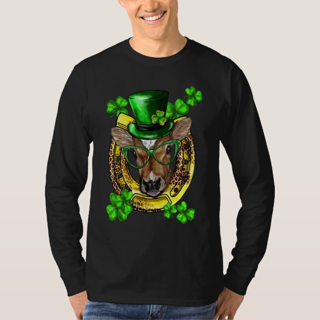 St Patricks Day Shamrocks Funny Lucky Cow Heifer H T-Shirt (Front)