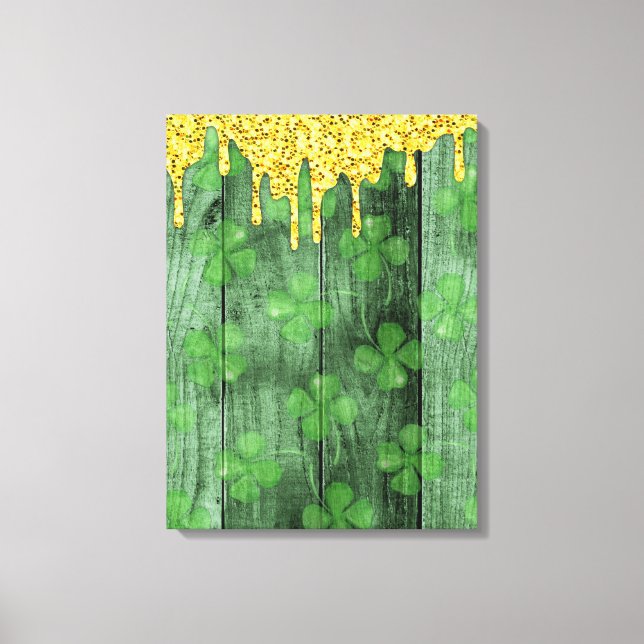 St. Patrick's Day Shamrocks Glitter Gold Drips Canvas Print (Front)