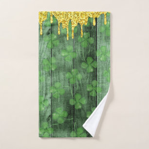 St. Patrick's Day Shamrocks Glitter Gold Drips Hand Towel