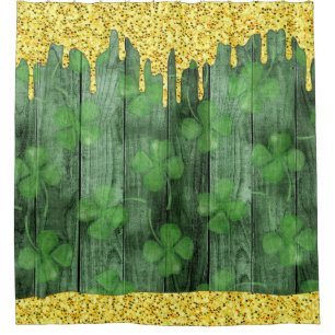 St. Patrick's Day Shamrocks Glitter Gold Drips Shower Curtain