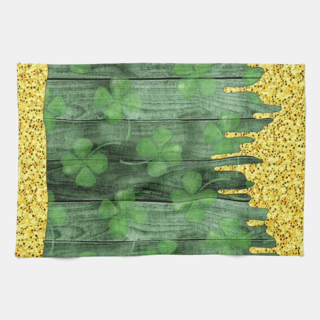 St. Patrick's Day Shamrocks Glitter Gold Drips  Tea Towel (Horizontal)