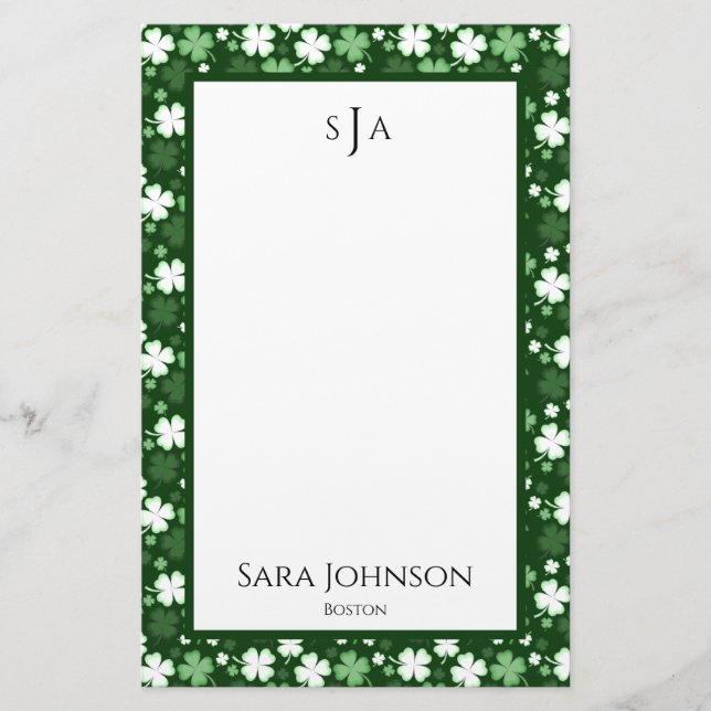 St. Patrick's Day Shamrocks Monogram Stationery (Front)