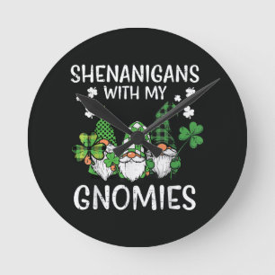 St Patricks Day Shenanigans with Gnomies Gnome Round Clock