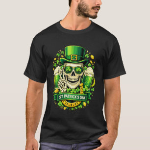 St Patricks Day Skull Shamrock Beer Horseshoe Iris T-Shirt