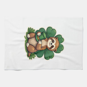 St Patricks Day Sloth Vintage Lucky Clover Art 2 Tea Towel