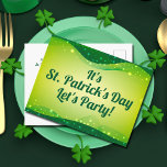 St. Patrick's Day Sparkle Let's Party Invitation Postcard<br><div class="desc">It's St. Patrick's Day, Let's Party! This magical, sparkly St. Patricks invitation features beautiful stars floating around pretty green ribbon along the border. This cute postcard invite works well for either a fun festive night of Saint Patricks day celebration drinking and partying or a classy dinner with your Irish friends....</div>