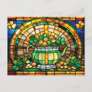 St. Patrick's Day Stained Glass Pot with Coins Holiday Postcard