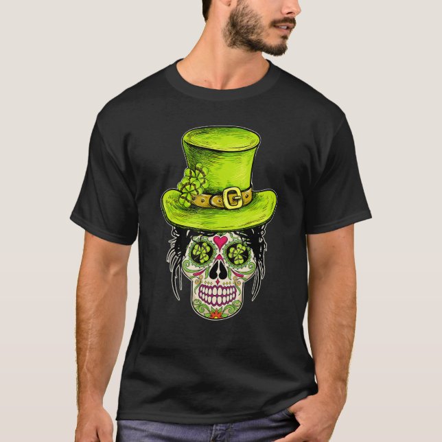St Patricks Day Sugar Skull Shamrocks Irish  Girl  T-Shirt (Front)
