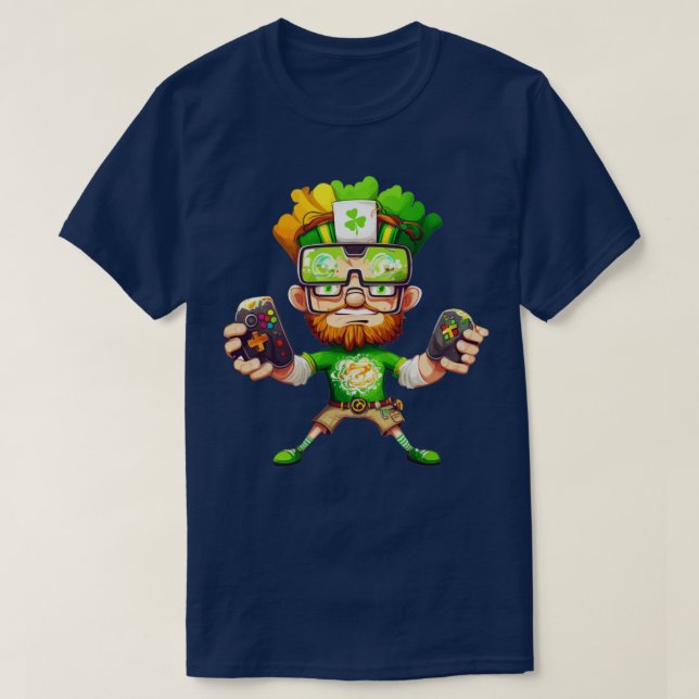 St Patricks Day Video Game Shirt Gamer Leprechaun2 (Design Front)
