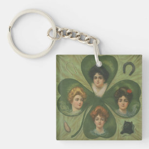 St. Patrick's Day Vintage Clover Lady Luck Art Key Ring