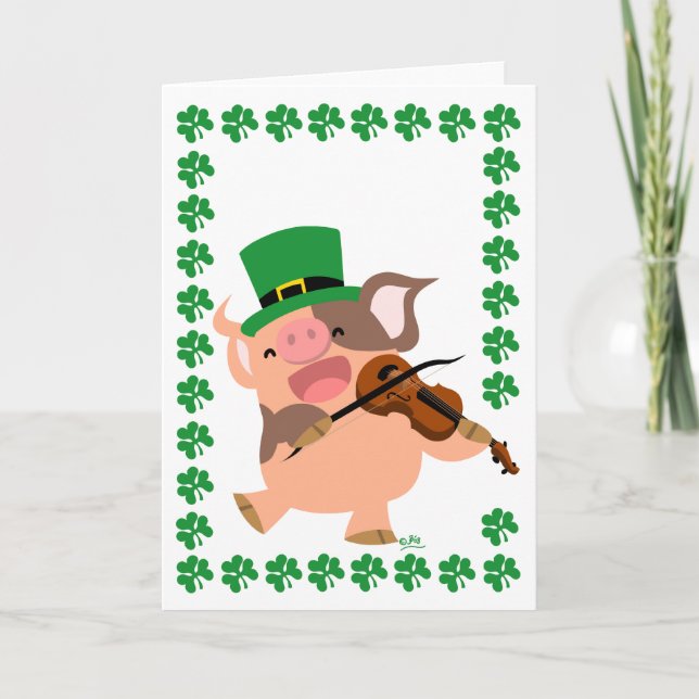 St Patrick's Day violinist pig greeting card (Front)