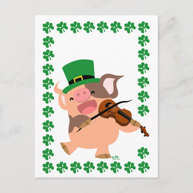 St Patrick's Day violinist pig postcard (Front)