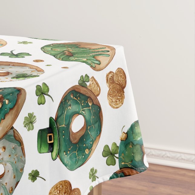 St Patricks Day Watercolor Donut & Shamrock Tablecloth (In Situ)