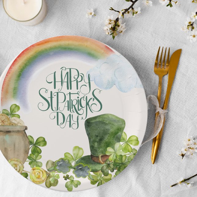St Patricks Day | Watercolor Rainbow and Shamrock Paper Plate (Creator Uploaded)