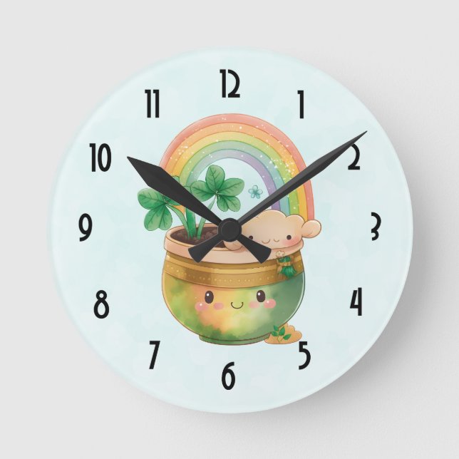  St. Patrick's Day Whimsical Rainbow & Clover Round Clock (Front)