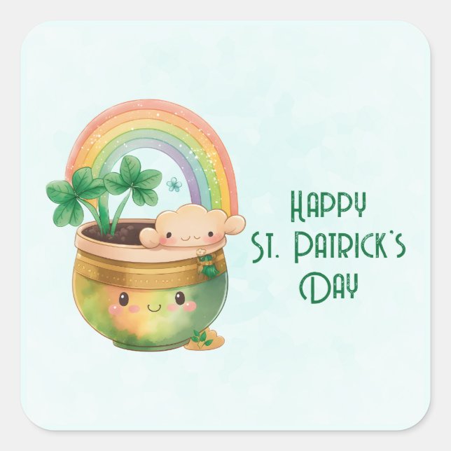 St. Patrick's Day Whimsical Rainbow & Clover Square Sticker (Front)