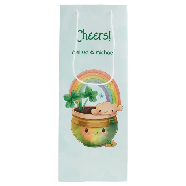 St. Patrick's Day Whimsical Rainbow & Clover Wine Gift Bag (Front)