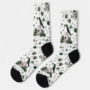St Patrick's Day White & Green Skulls & Roses Socks