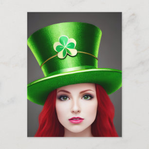 St. Patricks Day Woman Red Hair Green Tophat Postcard