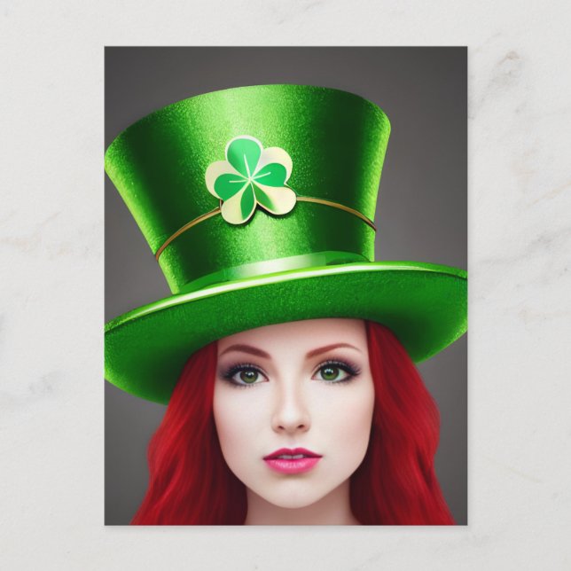 St. Patricks Day Woman Red Hair Green Tophat Postcard (Front)