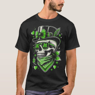 St Patricks Day Women Skull Messy Bun Shamrocks Su T-Shirt