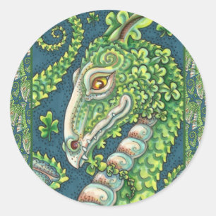 ST. PATRICK'S GREEN SHAMROCK DRAGON, IRISH FANTASY CLASSIC ROUND STICKER