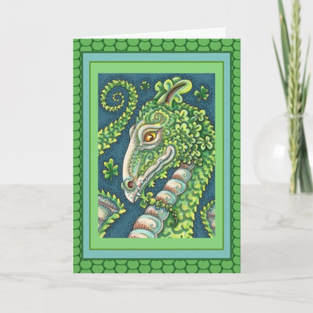 ST. PATRICK'S GREEN SHAMROCK DRAGON, IRISH FANTASY HOLIDAY CARD (Front)