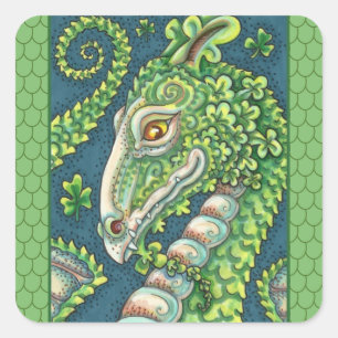 ST. PATRICK'S GREEN SHAMROCK DRAGON, IRISH FANTASY SQUARE STICKER