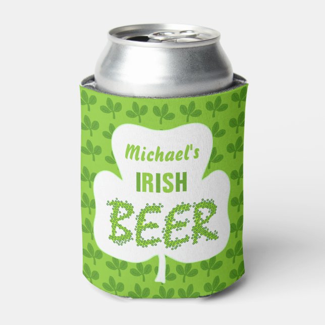 St Patricks Irish Beer Personalised Shamrock Green Can Cooler (Can Front)