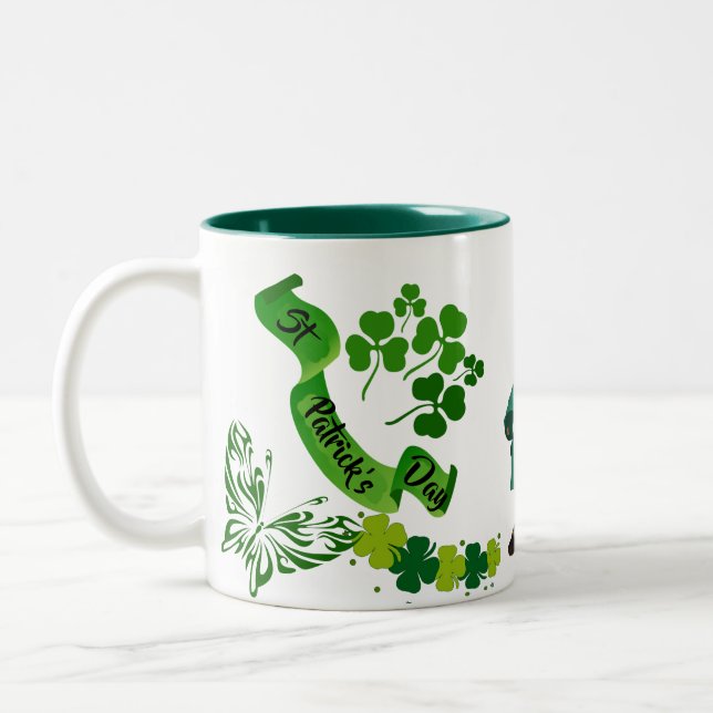 St Patricks Leprechaun Butterfly Lucky Shamrocks  Two-Tone Coffee Mug (Left)