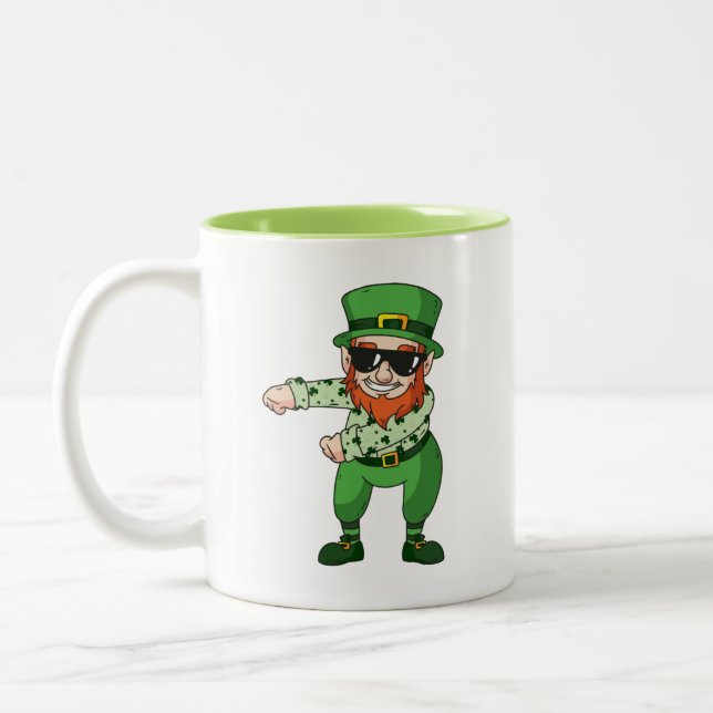 st patricks leprechaun flossing dancing Two-Tone coffee mug (Left)