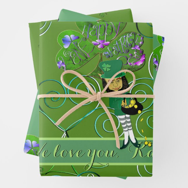 St. Patrick's Leprechaun Shamrocks  Wrapping Paper (In situ)