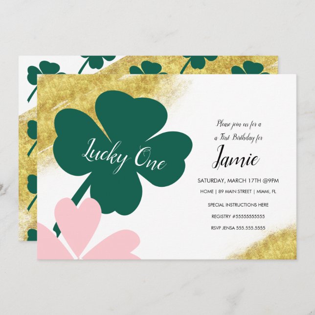 St. Patricks Lucky 1st Birthday Green Pink Gold Invitation (Front/Back)