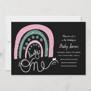 St. Patricks Lucky 1st Birthday Hand Drawn Rainbow Invitation