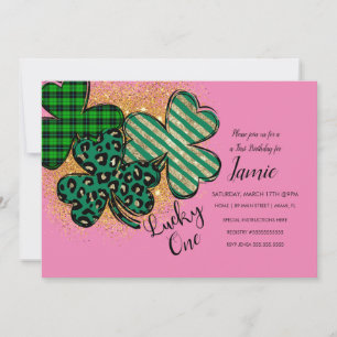 St. Patricks Lucky 1st Birthday Pink Green Invitation