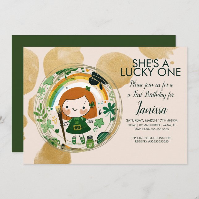 St. Patricks Lucky Birthday Girl Shamrock Artist  Invitation (Front/Back)