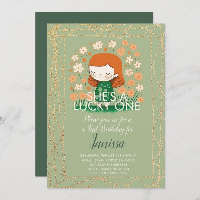 St. Patricks Lucky Birthday Girl Shamrock Glitter Invitation (Front/Back)