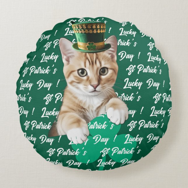 St Patrick's Lucky Day Cute Cat Leprechaun Hat, Round Cushion (Front)