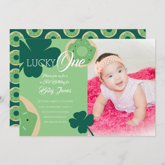 St. Patricks Lucky First Birthday Doughnut Photo Invitation (Front/Back)