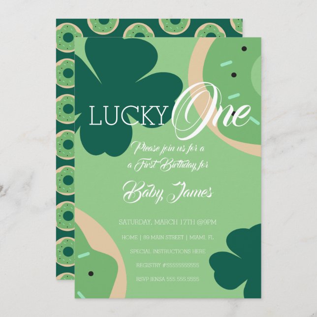 St. Patricks Lucky First Birthday Shamrock Doughnu Invitation (Front/Back)