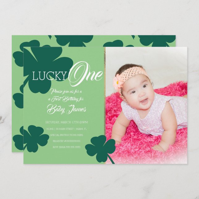 St. Patricks Lucky First Birthday Shamrock Photo Invitation (Front/Back)