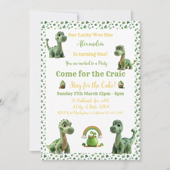 St Patricks Lucky One Dinosaur Invitation (Front)
