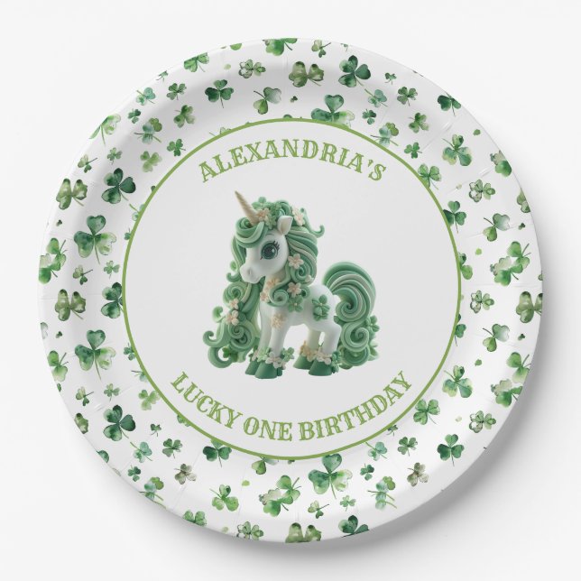 St Patricks Lucky One Unicorn Paper Plate (Front)