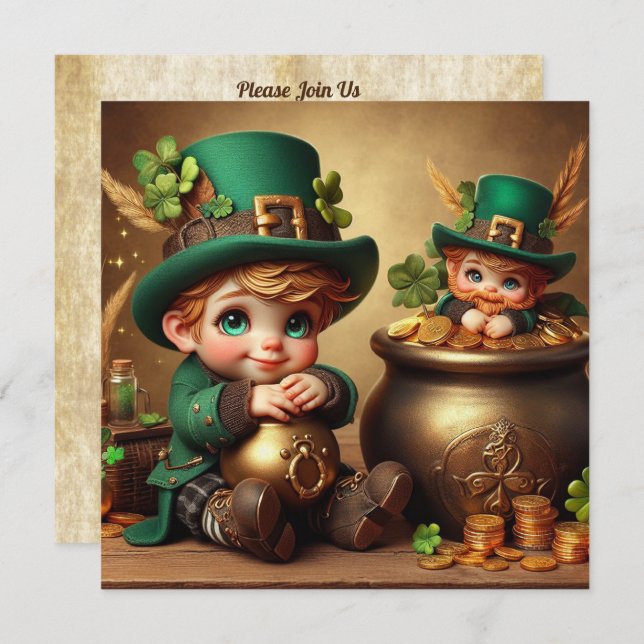 St Patrick's Pot of Gold Boy Leprechaun Square Invitation (Front/Back)