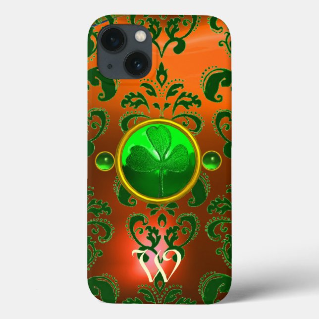 ST PATRICK'S SHAMROCK ORANGE GREEN DAMASK MONOGRAM Case-Mate iPhone CASE (Back)