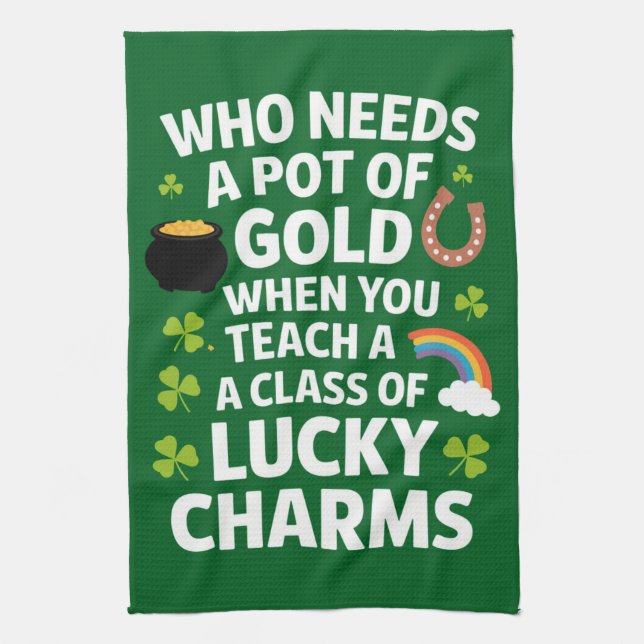 St Patricks Teacher Lucky Charm Clover Irish  Tea Towel (Vertical)