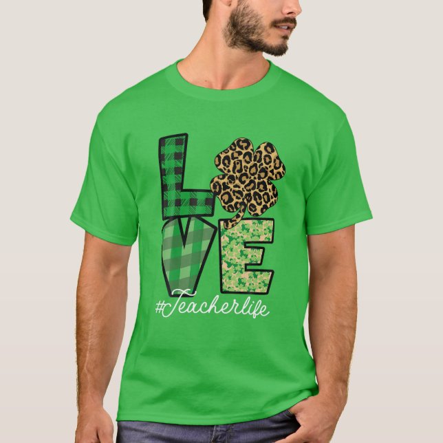 St Patricks Teacher Messy Bun Leopard Irish Teache T-Shirt (Front)