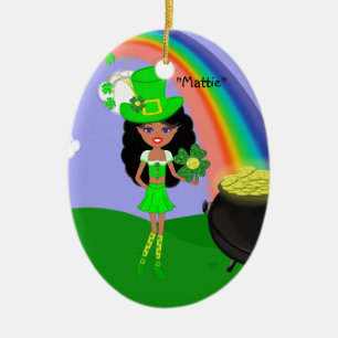 St Pat's Day Brunette Girl Leprechaun with Rainbow Ceramic Tree Decoration