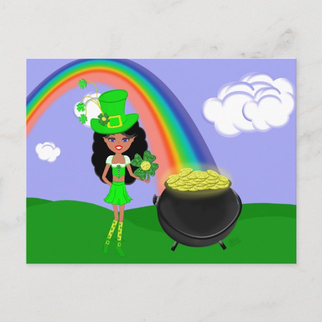 St Pat's Day Brunette Girl Leprechaun with Rainbow Postcard (Front)
